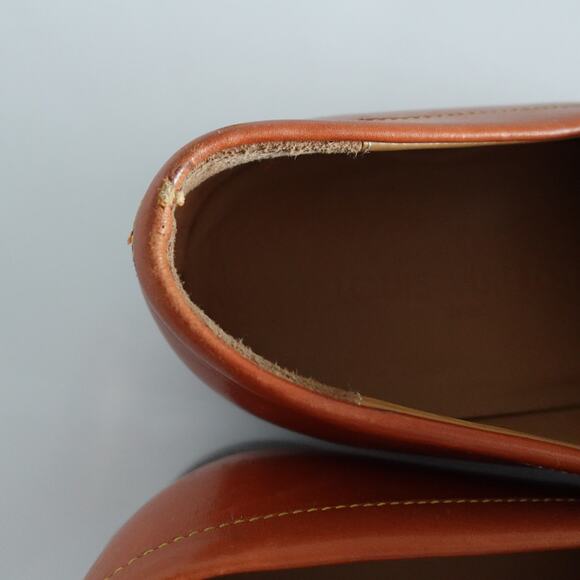 Louis Vuitton Tan Brown Orange Leather LV Gold Plaque Logo Square Toe Loafers - Picture 13 of 16